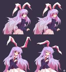 Rule 34 | 1girl, ^ ^, alphes (style), anger vein, animal ears, blazer, blouse, blush, closed eyes, dress shirt, female focus, from behind, glowing, glowing eyes, highres, jacket, kaoru (gensou yuugen-an), light purple hair, long hair, looking at viewer, necktie, parody, rabbit ears, rabbit girl, rabbit tail, red eyes, red necktie, reisen udongein inaba, shirt, simple background, skirt, smile, smirk, solo, style parody, tail, tears, touhou, very long hair, wavy mouth