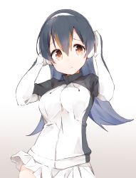 Rule 34 | 10s, 1girl, adjusting headphones, black hair, brown eyes, commentary request, gentoo penguin (kemono friends), gradient background, hair between eyes, headphones, jacket, kemono friends, long hair, long sleeves, looking at viewer, multicolored hair, ooyama imo, pleated skirt, simple background, skirt, solo, tareme, white background, white skirt