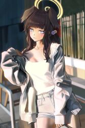Rule 34 | 1girl, absurdres, alternate costume, animal ears, black hair, blue archive, blue eyes, blunt bangs, blurry, blurry background, blush, breasts, dog ears, dog girl, hair bobbles, hair ornament, halo, hibiki (blue archive), highres, jacket, long hair, long sleeves, looking at viewer, medium breasts, off shoulder, open clothes, open jacket, photo-referenced, short shinai, shorts, socks, solo, tank top, white jacket, white socks, white tank top, yarn (yarn 03)