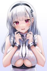 Rule 34 | 1girl, anchor choker, azur lane, bare arms, bare shoulders, black hairband, blue background, blunt bangs, blush, breasts, cleavage, clothing cutout, collar, commentary, cuffs, dido (azur lane), earrings, frilled shirt, frills, gradient background, grey hair, hairband, hands up, highres, holding, holding hair, jewelry, large breasts, long hair, looking at viewer, metal collar, neit ni sei, open mouth, pink eyes, raised eyebrows, shirt, single earring, sleeveless, sleeveless shirt, solo, tearing up, underboob, underboob cutout, upper body, water drop, wavy mouth, wet, wet clothes, wet hair, wet shirt, white background, white shirt