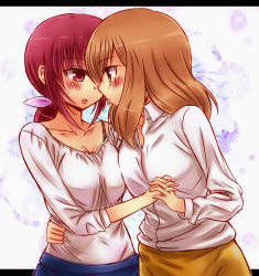 Rule 34 | 10s, 2girls, bad id, bad pixiv id, blush, brown eyes, brown hair, holding hands, hoshizora ikuyo, kise chiharu, letterboxed, masarou, multiple girls, precure, red eyes, red hair, saliva, saliva trail, smile precure!, tongue, tongue out, yuri