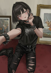 Rule 34 | 1girl, :d, absurdres, ankle boots, belt, belt collar, black footwear, black nails, black pants, black shirt, blush, boots, bracelet, claw ring, clothes writing, collar, ear piercing, earrings, fingernails, gishiki (gshk), goth fashion, head tilt, highres, jewelry, looking at viewer, nail polish, open mouth, original, painting (object), pants, piercing, print shirt, punkish gothic, shirt, short sleeves, smile, solo, spiked belt, spiked bracelet, spikes, torn clothes, torn pants, yellow eyes