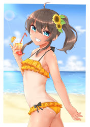 Rule 34 | 1girl, ahoge, ass, bad id, bad pixiv id, bare arms, bare shoulders, beach, bikini, black bow, blue eyes, blush, bow, bow bikini, breasts, brown hair, c take0141, collarbone, commentary request, cup, day, drinking glass, drinking straw, flower, hair between eyes, hair flower, hair ornament, highres, hololive, long hair, looking at viewer, natsuiro matsuri, natsuiro matsuri (hololive summer 2019), official alternate costume, one-piece tan, open mouth, orange bikini, outdoors, side ponytail, small breasts, solo, sunflower, sunflower hair ornament, swimsuit, tan, tanline, virtual youtuber