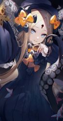 Rule 34 | 1girl, abigail williams (fate), black bow, black dress, black hat, blonde hair, blue butterfly, blue eyes, bow, bug, butterfly, commentary, dress, english commentary, fate/grand order, fate (series), hair bow, hand up, hat, highres, hoojiro, insect, keyhole, long hair, long sleeves, looking at viewer, multiple hair bows, orange bow, outstretched arm, parted bangs, parted lips, polka dot, polka dot bow, reaching, reaching towards viewer, selfie, sleeves past wrists, smile, solo, top hat