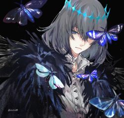 Rule 34 | 1boy, :|, alternate hair color, arthropod boy, black background, black fur, black hair, blue butterfly, blue eyes, bug, butterfly, butterfly wings, cape, closed mouth, collared shirt, crown, diamond hairband, expressionless, fate/grand order, fate (series), fur collar, highres, insect, insect wings, long sleeves, looking at viewer, male focus, medium hair, oberon (fate), oberon (third ascension) (fate), official alternate costume, shiraishi (siraisi00), shirt, simple background, solo, spoilers, upper body, white hair, white shirt, wings