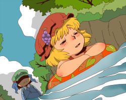 Rule 34 | 2girls, afloat, aki minoriko, alternate costume, blonde hair, blue hair, female focus, food, forest, fruit, grapes, hair bobbles, hair ornament, hat, innertube, kawashiro nitori, key, long sleeves, multiple girls, nature, no eyes, onikobe rin, river, shaded face, short hair, submerged, swim ring, swimsuit, touhou, tree, twintails, two side up, water, you gonna get raped