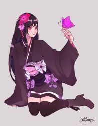 Rule 34 | 1girl, black hair, black thighhighs, boots, closed mouth, final fantasy, final fantasy vii, final fantasy vii remake, flower, full body, hair flower, hair ornament, highres, holding, japanese clothes, kimono, long hair, mmariesr, official alternate costume, red eyes, red lips, solo, square enix, thighhighs, tifa lockhart, tifa lockhart (exotic dress), wall market