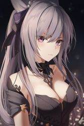 Rule 34 | 1girl, bare shoulders, black bow, black dress, bow, breasts, cleavage, closed mouth, collarbone, cone hair bun, detached collar, detached sleeves, dress, genshin impact, hair bun, hair ornament, hair ribbon, highres, keqing (genshin impact), keqing (opulent splendor) (genshin impact), long hair, looking at viewer, marinesnow, medium breasts, purple eyes, purple hair, ribbon, solo, strapless, strapless dress, twintails, upper body