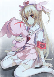 Rule 34 | 1girl, absurdres, apron, arm support, armband, bandaged wrist, bandages, blonde hair, center frills, collared dress, commentary, dress, frills, hair ornament, happa de happy, hat, head tilt, heart, heart print, highres, holding, holding stuffed toy, long hair, looking at viewer, natori sana, no shoes, nurse, nurse cap, hugging object, pink apron, puffy short sleeves, puffy sleeves, rabbit hair ornament, red armband, red eyes, sana channel, short dress, short sleeves, sideways glance, sitting, solo, stuffed animal, stuffed rabbit, stuffed toy, thighhighs, two side up, virtual youtuber, wariza, white dress, white thighhighs