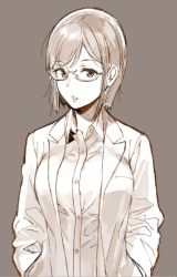 Rule 34 | 1girl, dress shirt, glasses, hands in pockets, monochrome, original, parted lips, sasamori tomoe, shirt, short hair, simple background, solo