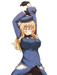 Rule 34 | 10s, 1girl, amonitto, arms up, atago (kancolle), black pantyhose, blonde hair, blush, breasts, closed eyes, gloves, hat, kantai collection, large breasts, long hair, long sleeves, pantyhose, solo, stretching, thighband pantyhose, trembling