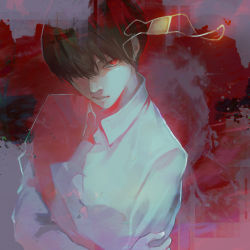 Rule 34 | 1boy, black hair, collared shirt, grey background, grey shirt, hair over one eye, highres, kaneki ken, kyuuba melo, long sleeves, looking at viewer, multicolored background, parted lips, red background, red eyes, shirt, solo, teeth, tokyo ghoul