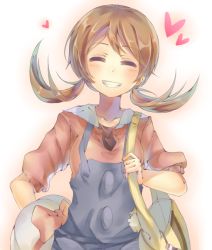 Rule 34 | 00s, 1girl, artist request, bag, blush, brown hair, closed eyes, creatures (company), game freak, hat, heart, lyra (pokemon), nintendo, overalls, pokemon, pokemon hgss, smile, solo, twintails, white background