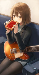 Rule 34 | 1girl, 2gong (9ujin ), absurdres, bag, black pantyhose, blazer, blue jacket, blue skirt, bob cut, bread, bread slice, brown eyes, brown hair, couch, eating hair, food, food in mouth, guitar, highres, hirasawa yui, instrument, jacket, k-on!, looking at viewer, mouth hold, pantyhose, school uniform, skirt, solo, toast, toast in mouth