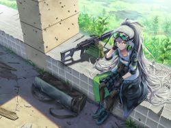 Rule 34 | 7.62x54mmr, aek-999, aek-999 (girls&#039; frontline), ammunition, ammunition belt, ammunition box, bag, belt-fed, black jacket, boots, breasts, bullet hole, carbine cartridge, commentary, cross-laced footwear, day, duffel bag, from above, full-power cartridge, general-purpose machine gun, girls&#039; frontline, gloves, goggles, goggles on head, grass, grey hair, grey legwear, gun, hair between eyes, headphones, headphones around neck, highres, jacket, lace-up boots, long hair, looking at viewer, machine gun, makkuro, open clothes, outdoors, plaid, plaid skirt, rifle cartridge, scenery, shirt, sitting, skirt, smile, solo, weapon, white shirt, yellow eyes