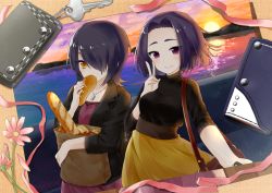 Rule 34 | 2girls, alternate costume, baguette, blush, bread, breasts, closed mouth, eating, evening, food, hair over one eye, jewelry, kantai collection, large breasts, looking at viewer, multiple girls, necklace, photo (object), purple eyes, purple hair, shioya thor, smile, sweater, tatsuta (kancolle), tenryuu (kancolle), twilight, v, yellow eyes
