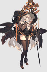 Rule 34 | 1girl, black footwear, black hat, black jacket, black thighhighs, breasts, cleavage, full body, grey background, grey hair, hat, jacket, large hat, long hair, mage staff, medium breasts, original, pelvic curtain, pink eyes, rain lan, solo, tachi-e, thighhighs, very long hair, witch, witch hat