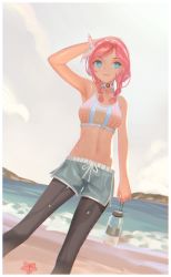 Rule 34 | 1girl, arknights, beach, black legwear, blue eyes, blue poison (arknights), blue poison (shoal beat) (arknights), blue shorts, border, bottle, braid, choker, chromatic aberration, cloud, cloudy sky, commentary, da (datako), dutch angle, ear piercing, english commentary, feet out of frame, female focus, hairband, hand on own head, highres, holding, holding bottle, looking at viewer, medium hair, navel, o-ring, o-ring choker, ocean, official alternate costume, open mouth, outdoors, pants, pants under shorts, piercing, pink choker, pink hair, sand, scales, shorts, sky, solo, sports bra, standing, starfish, twin braids, twintails, water bottle, wet, white border, white sports bra, yoga pants