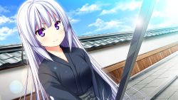 Rule 34 | 1girl, blush, breasts, cloud, game cg, harvest overray, japanese clothes, large breasts, long hair, looking away, nironiro, purple eyes, sky, smile, solo, standing, sword, usume shirou, weapon, white hair