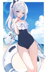 Rule 34 | 1girl, bare legs, bare shoulders, beach, black one-piece swimsuit, blue archive, blue halo, cellphone, day, feet out of frame, frilled one-piece swimsuit, frills, gluteal fold, grey hair, halo, highres, holding, holding phone, innertube, long hair, looking at viewer, miyako (blue archive), miyako (swimsuit) (blue archive), ocean, off-shoulder one-piece swimsuit, off shoulder, official alternate costume, one-piece swimsuit, outdoors, phone, ponytail, purple eyes, smartphone, solo, swim ring, swimsuit, zhnyy3