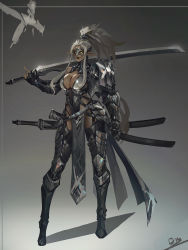 Rule 34 | 1girl, armor, boots, breasts, claw (weapon), dark elf, elf, fingerless gloves, gloves, grey hair, highres, holding, holding sword, holding weapon, large breasts, mask, masquerade mask, armored boots, ootachi, original, pointy ears, ponytail, shoulder armor, smjim1986, sword, thighhighs, thighhighs under boots, warrior, weapon, yellow eyes