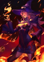 Rule 34 | 1girl, bare shoulders, black sclera, black thighhighs, blazblue, blazblue: central fiction, breasts, cape, cleavage, colored sclera, detached sleeves, dress, fire, fire, hair over one eye, hand on own hip, hat, konoe a. mercury, large breasts, long hair, long sleeves, looking at viewer, magic, phamoz, pink hair, seductive smile, shaded face, short dress, smile, solo, thighhighs, wide sleeves, witch, witch hat, yellow eyes