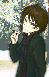 Rule 34 | 1boy, 404 (1531294234), absurdres, black jacket, brown eyes, brown hair, chinese commentary, chromatic aberration, cigarette, closed mouth, commentary request, harada minoru, highres, holding, holding cigarette, jacket, long sleeves, male focus, medium hair, open clothes, open jacket, purple sweater, saibou shinkyoku, smile, solo, sweater, turtleneck, turtleneck sweater, upper body