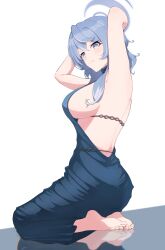 Rule 34 | 1girl, absurdres, ako (blue archive), ako (dress) (blue archive), armpits, arms behind head, arms up, backless dress, backless outfit, barefoot, blue archive, blue dress, blue eyes, blue hair, blue halo, blush, breasts, dress, hair between eyes, hairband, halo, highres, hikkio, large breasts, long hair, looking at viewer, official alternate costume, reflection, reflective floor, seiza, sideboob, simple background, sitting, sleeveless, sleeveless dress, solo, white background