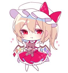 Rule 34 | 1girl, back bow, blonde hair, blush, bow, chibi, closed mouth, collared shirt, crystal, fang, flandre scarlet, frilled skirt, frilled sleeves, frills, full body, hair between eyes, hat, hat ribbon, highres, holding, holding stuffed toy, looking at viewer, medium hair, mob cap, no shoes, one side up, pantyhose, protected link, puffy short sleeves, puffy sleeves, red eyes, red ribbon, red skirt, red vest, ribbon, shirt, short sleeves, simple background, skirt, skirt set, solo, standing, stuffed animal, stuffed toy, teddy bear, touhou, vest, white background, white bow, white hat, white pantyhose, white shirt, wings, yurui tuhu