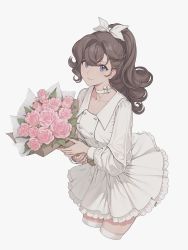 Rule 34 | 1girl, asymmetrical bangs, blue eyes, bouquet, bow, choker, closed mouth, collarbone, curly hair, dress, earrings, fingernails, flower, frilled dress, frills, grey background, grey hair, hair bow, high ponytail, highres, holding, holding bouquet, jewelry, lips, long hair, long sleeves, looking at viewer, pauline bonaparte, ponytail, quuni, seijo senki, simple background, smile, solo, thighhighs, white dress, white thighhighs