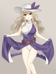 Rule 34 | 1girl, absurdres, belt, breasts, commission, grey background, hair between eyes, hat, hat ribbon, highres, large breasts, looking at viewer, one-piece swimsuit, parted lips, pixiv commission, ribbon, simple background, smile, solo, standing, subaru (subachoco), swimsuit, teeth, touhou, watatsuki no toyohime, white hat, white one-piece swimsuit