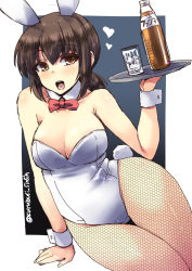 Rule 34 | 10s, 1girl, alternate costume, animal ears, bare legs, bare shoulders, blush, bottle, bow, bowtie, breasts, brown eyes, brown hair, cleavage, curvy, detached collar, fake animal ears, fanta, fishnet pantyhose, fishnets, fubuki (kancolle), glass, ice, kantai collection, long hair, looking at viewer, low ponytail, pantyhose, playboy bunny, ponytail, rabbit ears, rabbit tail, shinshin, sitting, smile, solo, tail, tray, twitter username, wide hips, wrist cuffs
