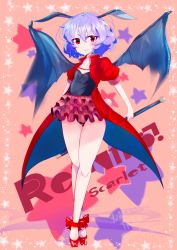 Rule 34 | 1girl, absurdres, animal ears, arms behind head, ballet slippers, bat ears, bat wings, black leotard, black wings, blue hair, character name, closed mouth, coat, coattails, commentary, english commentary, fang, frills, full body, highres, holding, jewelry, legs, leotard, light particles, looking at viewer, namatyoco, necklace, puffy short sleeves, puffy sleeves, red coat, red eyes, red footwear, remilia scarlet, short hair, short sleeves, smile, solo, staff, standing, star (symbol), starry background, tiptoes, touhou, translation request, wings