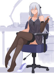 Rule 34 | 1girl, absurdres, ak-12 (girls&#039; frontline), black thighhighs, breasts, chair, cleavage, closed eyes, closed mouth, dress, girls&#039; frontline, highres, long hair, no shoes, office chair, salty eyes, see-through, silver hair, simple background, sitting, smile, solo, swivel chair, tagme, thighhighs