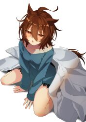 Rule 34 | 1girl, agnes tachyon (umamusume), ahoge, alternate costume, animal ears, blue sweater, blush, brown hair, chestnut mouth, coat, commentary request, emil1030 blue, hair between eyes, highres, horse ears, horse girl, horse tail, lab coat, long sleeves, looking at viewer, messy hair, on ground, red eyes, short hair, simple background, sitting, solo, sweater, tail, twitter username, umamusume, unworn coat, wariza, white background