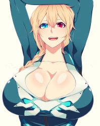 Rule 34 | 1girl, arms up, blonde hair, blue eyes, blue jacket, blush, braid, braided ponytail, breasts, cleavage, heterochromia, highres, huge breasts, hz (666v), jacket, long hair, looking at viewer, open mouth, phantasy star, phantasy star online 2, red eyes, shiny skin, smile