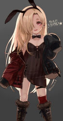 Rule 34 | 1girl, alternate hair length, alternate hairstyle, animal ears, bare shoulders, black bow, black bowtie, black dress, black jacket, blonde hair, boots, bow, bowtie, character name, covered navel, detached collar, doll joints, dress, ear piercing, fake animal ears, fangs, feet out of frame, flat chest, fur-trimmed boots, fur trim, grey background, hair over one eye, hairband, highres, idolmaster, idolmaster cinderella girls, jacket, joints, kiichirou, long hair, looking at viewer, multicolored clothes, multicolored jacket, open clothes, open jacket, open mouth, piercing, pink hair, rabbit ears, red jacket, shirasaka koume, short dress, simple background, sleeves past fingers, sleeves past wrists, smile, solo, teeth, thigh strap, two-tone jacket, very long hair