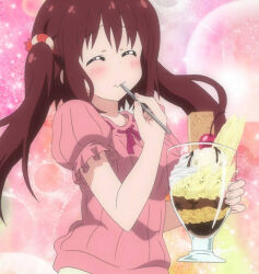 Rule 34 | 1girl, banana, cherry, chocolate, chocolate sauce, closed eyes, closed mouth, dot nose, eating, ebina nana, food, fruit, hair ornament, himouto! umaru-chan, holding, holding spoon, long hair, parfait, red hair, solo, spoon, standing, stitched, third-party edit, wafer, wafer stick