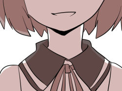 Rule 34 | 1girl, :d, brown hair, collar, female focus, head out of frame, open mouth, ribbon, short hair, simple background, smile, solo, touhou, toyosatomimi no miko, upper body, white background, yetworldview kaze