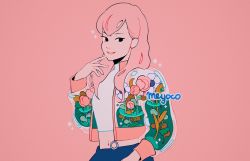 Rule 34 | 1girl, artist name, finger to mouth, flower, jacket, leaf, long hair, long sleeves, meyoco, midriff, navel, open mouth, original, pink background, pink flower, pink hair, simple background, smile, solo, sparkle, upper body, water, white flower, zipper pull tab