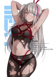Rule 34 | &gt;:), 1girl, armpits, arms behind head, bad id, bad pixiv id, bare arms, bare shoulders, black panties, black pantyhose, blue eyes, blush, breasts, character name, cleavage, closed mouth, commentary request, girls&#039; frontline, goyain, grey hair, heterochromia, long hair, mdr (girls&#039; frontline), medium breasts, multicolored hair, navel, panties, panties under pantyhose, pantyhose, pink hair, red eyes, shibari, shibari over clothes, smile, solo, streaked hair, thigh gap, torn clothes, torn pantyhose, underwear, v-shaped eyebrows, very long hair