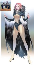Rule 34 | 1girl, bird, blue eyes, bridal gauntlets, cape, earrings, feather trim, full body, gado, gradient background, high heels, highres, jewelry, looking at viewer, original, personification, photo inset, red hair, reference photo, ring, solo, standing, vulture