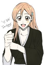 1girl absurdres bleach breasts cleavage collarbone highres inoue_orihime large_breasts long_hair looking_at_viewer n_(nauki_11) orange_hair smile solo