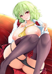 Rule 34 | 1girl, ascot, ass, black legwear, black panties, blush, breasts, collarbone, couch, dutch angle, finger to mouth, gluteal fold, green hair, kazami yuuka, koza900, large areolae, large breasts, long sleeves, looking at viewer, nipples, open clothes, open mouth, panties, parted lips, plaid, plaid skirt, plaid vest, puffy nipples, pussy, red eyes, short hair, shushing, simple background, sitting, skirt, smile, solo, touhou, underwear, vest, white background