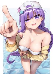 Rule 34 | 1girl, arm under breasts, artist request, backwards hat, bandeau, bare shoulders, baseball cap, bb (fate), bb (fate) (all), bb (swimsuit mooncancer) (fate), bb (swimsuit mooncancer) (first ascension) (fate), blush, breasts, cleavage, collarbone, cropped jacket, fate/grand order, fate (series), hat, highres, jacket, large breasts, leaning forward, long hair, long sleeves, looking at viewer, miniskirt, off shoulder, open mouth, pointing, pointing at viewer, purple eyes, purple hair, skirt, smile, thighs, very long hair, white headwear, yellow jacket, yellow skirt