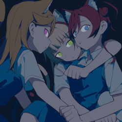 Rule 34 | 3girls, animal ear fluff, arm around neck, arm around waist, blonde hair, blue dress, blue eyes, blush, cat girl, cat tail, closed mouth, coldcat., collared shirt, dark, dot nose, dress, eye contact, face-to-face, green eyes, hair between eyes, hair bun, heanna sumire, highres, kemonomimi mode, long bangs, long hair, looking at another, looking at viewer, love live!, love live! superstar!!, multiple girls, nose blush, open mouth, orange hair, pinafore dress, purple eyes, raised eyebrows, red hair, school uniform, shibuya kanon, shirt, short sleeves, sidelocks, single side bun, sleeveless, sleeveless dress, slit pupils, sweatdrop, tail, upper body, wavy mouth, white shirt, yoneme mei