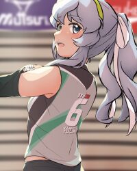Rule 34 | 1girl, absurdres, alternate hairstyle, arthur ko, blue eyes, blurry, blurry background, blush, clothes writing, cowboy shot, green hairband, grey hair, hairband, highres, kantai collection, long hair, open mouth, ponytail, smile, solo, sportswear, unfinished, upper body, volleyball uniform, wavy hair, yamagumo (kancolle)
