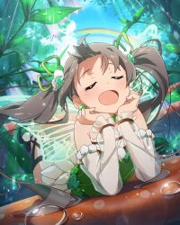 Rule 34 | 1girl, brown hair, card (medium), closed eyes, dress, earrings, green dress, hakozaki serika, idolmaster, idolmaster million live!, idolmaster million live! theater days, jewelry, leaf, lying, official art, on stomach, rainbow, solo, twintails, water, water drop, wings