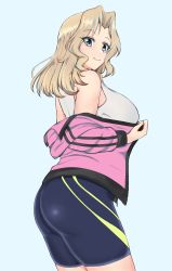 Rule 34 | 1girl, 20100813, absurdres, ass, bike shorts, black shorts, blonde hair, blue background, blue eyes, breasts, casual, closed mouth, clothes pull, commentary, cowboy shot, double vertical stripe, from side, girls und panzer, hair intakes, highres, jacket, jacket pull, kay (girls und panzer), large breasts, long hair, long sleeves, looking back, open clothes, open jacket, pink jacket, print shorts, shirt, shorts, simple background, smile, solo, standing, tank top, track jacket, white shirt