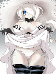 Rule 34 | 1girl, abyssal ship, bikini, blue eyes, blush, breasts, cleavage, clothes lift, commentary request, cowboy shot, dress, dress lift, goma (gomasamune), gradient background, hair over one eye, hat, highres, kantai collection, large breasts, legs together, lifted by self, long hair, looking at viewer, navel, o-ring, scarf, seaport summer princess, shiny skin, side-tie bikini bottom, smile, solo, sun hat, sundress, swimsuit, thighhighs, upper body, white hair